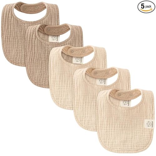 KeaBabies 5-Pack Muslin Baby Bibs for Drooling and Teething (Ecru)