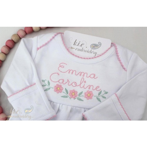 Monogrammed Baby Gown, Embroidered French Knot Flowers, Organic Cotton, Picot Trim