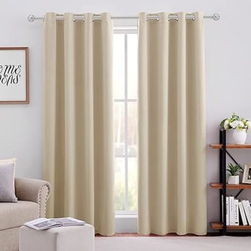 HOMEIDEAS Beige Blackout Curtains 52 X 84 Inch Bedroom Curtains 2 Panels Room Darkening Curtains, Soundproof Thermal Grommet Window Curtains for Living Room