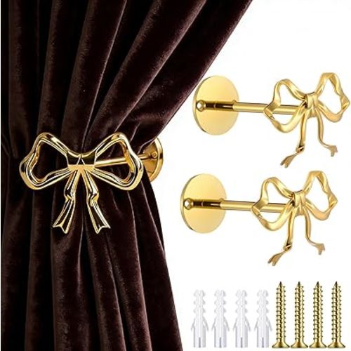 2 Pcs Gold Bow Curtain Tiebacks - Decorative RustProof Metal Wall Mounted Curtain Tie Backs for Nursery Bathroom Bedroom Intricate Design with Screws Anchors with Screws Anchors