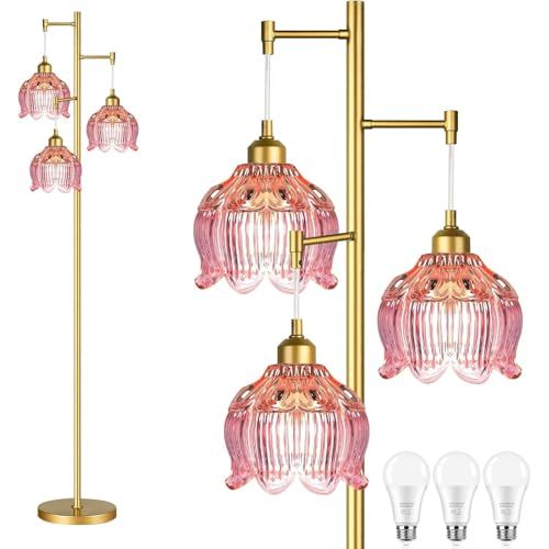 ILLMTW Glass Floor Lamp for Living Room,Bedroom,Gold Flower Mid Century Modern Standing Lamp Brass Tree 3 Light Tall Floor Lamps Vintage Floor Lights Pink Lamp Shade Farmhouse Boho Bohemian