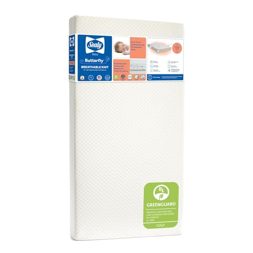 Sealy Baby Butterfly Knit Breathable Crib Mattress, GREENGUARD GOLD Certified, Made in USA, Premium Foam, Washable Easy to Clean Cover, Toddler Bed Fit, Safety & Quality Tested, 52x28"