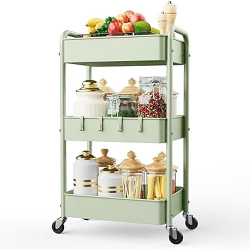 LEHOM 3 Tier Rolling Cart, Metal Rolling Utility Cart with Lockable Wheels | Multi-Functional Heavy Duty Storage Cart Organizer for Bathroom, Kitchen, Office, Living Room, Rolling Storage Trolley