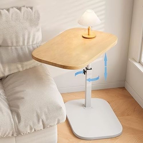 Pedestal Adjustable c Table for Small Spaces,C Shaped End Table Desktop can Turn 360° and The Height of The Sofa Small TV Tray Table Can be Adjusted for Couch