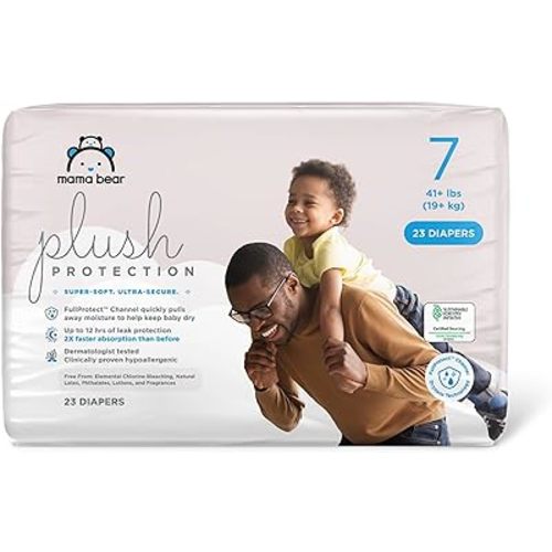 Amazon Brand - Mama Bear Plush Protection Diapers with Leak Protection, Size 7, 23 Count, Hypoallergenic Premium Disposable Baby Diapers, Chlorine Free