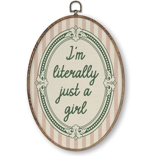 Qskjre Girl Nursery Wall Decor, I’m Literally Just A Girl Oval Wood Framed Canvas Wall Artwork, Pink Striped Coquette Hanging Prints for Baby Little Girls Dorm Room Apartment Decorations, 8.6x11.4