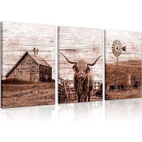 PLPKEYGR 3pcs Farmhouse Highland Cow Wall Art Vintage Highland Cow Wall Art Barn Farmhouse Windmill Canvas Pictures for Living Room Bedroom Bathroom 12x16 In Canvas