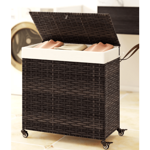 Gymax Laundry Hamper w/Wheels & Lid 125L 3-Section Clothes Hamper w/2 Liner Bags Brown