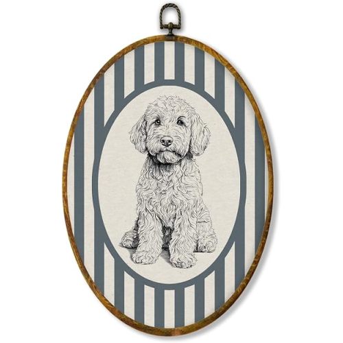 Hiuwevt Vintage Goldendoodle Dog Oval Wall Art Decor, Goldendoodle Gifts Framed Canvas Prints, Farmhouse Dog Oval Wall Hanging Decor for Kids Boy Girl Nursery Room Bedroom Decorations, 8.6x11.4 Inches