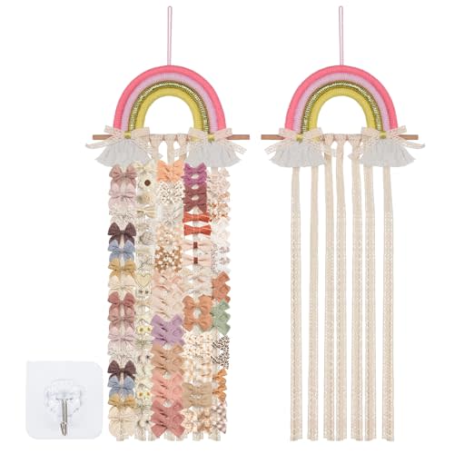 Munzong Rainbow Hair Clip Bow Holder, Hair Accessories Organizer 11x26 Inch | Bows Organizer for Girls Pink Yellow Bow Storage Nursery Wall Hanging Decor for Toddler Kids Room