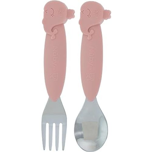 Nuby Animal Friends Silicone and Stainless Steel Fork and Spoon Set - 12+ Months - Pink Whale