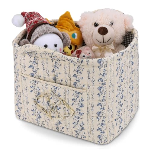Storage Basket Boho Fabric Large Collapsible Floral Laundry Nursery Hamper Portable Folding Storage for Clothes Toys (Vine-Blue C)