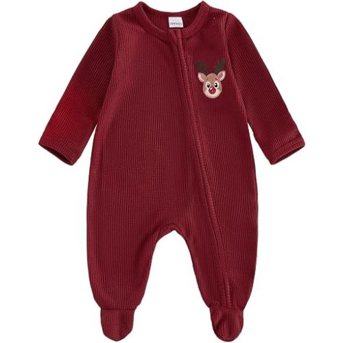 My First Christmas Baby Boy Girl Outfit, Infant Christmas Jumpsuit | Baby Christmas Outfits, Unisex Baby Fall Romper, Zipper Waffle One Piece Elk/Berry Xmas Christmas Jumpsuit