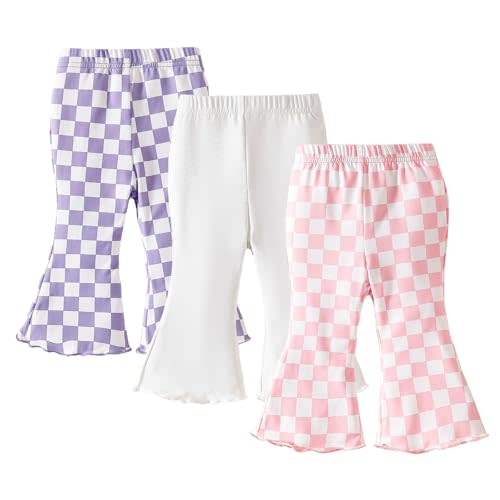SOBOWO Checkered Baby Girl Flare Pants 3 Pack Toddler Bell Bottoms Plaid Ruffle Leggings Pants Fall Winter Outfits Size 6M-4T