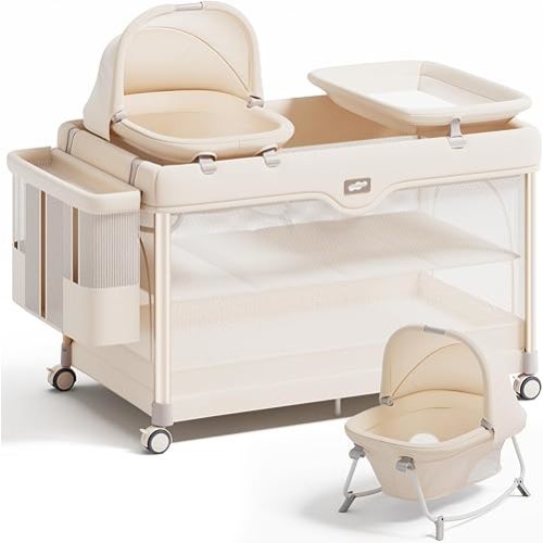 Pamo Babe 6-in-1 Pack and Play with Bassinet, Deluxe One-Step Setup Baby Bassinet with Changing Table, Sleeper Nest, Storage Bag, 4 Wheels Portable Crib Travel Playpen for Baby and Toddler (Beige)