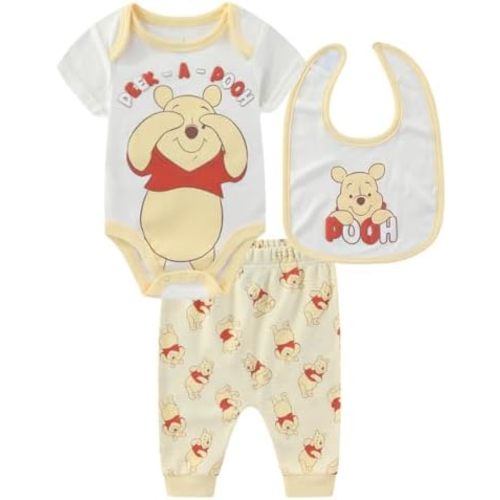 Disney Winnie the Pooh Baby Boys Bodysuit with Bib and Pants 3 Piece Set for Newborn Infants