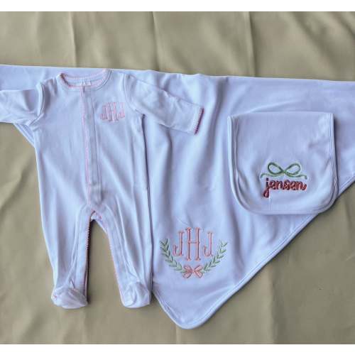 Baby Bundle - Footie, Blanket, and Bib – Palm & Pine Embroidery