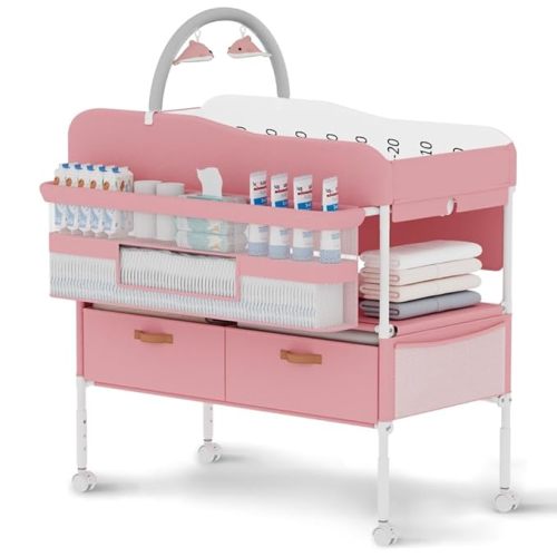 Diaper Changing Station, Portable Changing Table for Baby, Diaper Changing Table with Storage Drawers, Waterproof Baby Changing Station with Wheels and Adjustable Height for Newborn Infant (Pink)