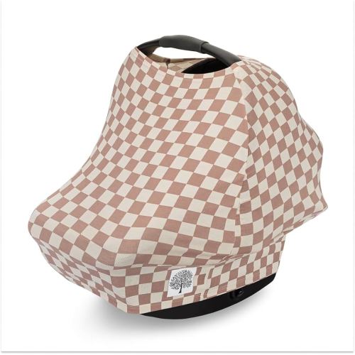 Parker Baby 4 in 1 Car Seat Cover for Girls and Boys - Stretchy Carseat Canopy, Nursing Cover, Grocery Cart Cover, High Chair Cover - "Rosewood Checker"