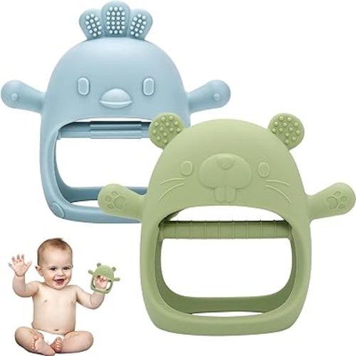 2 Pack Teething Toys for Babies, Silicone Baby Teething Toys, Hand Teether Mitten for Baby Sucking Needs, Chew Toys for Toddler Infant Soothing Teething Pain Relief (Blue/Green)