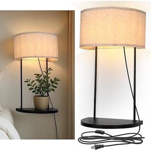 AKEETO Plug-in Wall Sconce with Shelf, Modern Wall Lamp with Linen Shade, Ideal for Bedroom, Bedside & Living Room, Perfect for Plants, Books, and Electronics, E26 Base (Bulb Not Included)