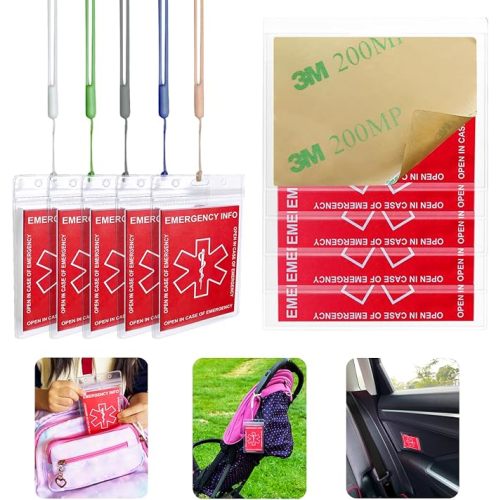 12 Pack Emergency Contact Cards with 10 Card Sleeves - Child ID Card for Car Seat Safety Stickers and Backpack Tags for Kids - Life Alert for Travel,Camping,Medical Fokder,Daycare Essential