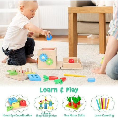 Kizfarm Wooden Montessori Baby Toys, 8-in-1 Wooden Play Kit Includes Object Permanent Box, Coin Box, Carrot Harvest, Shape Sorting & Stacking - Christmas Birthday Gift for Boys Girls Toddlers