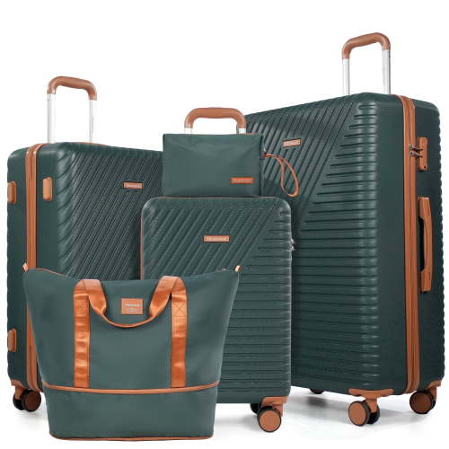 Nicetravel 5-Piece Luggage Set, Hard Shell Suitcases with Spinner Wheels,TSA Lock,Travel Tote Bag & Cosmetic Pouch, Green