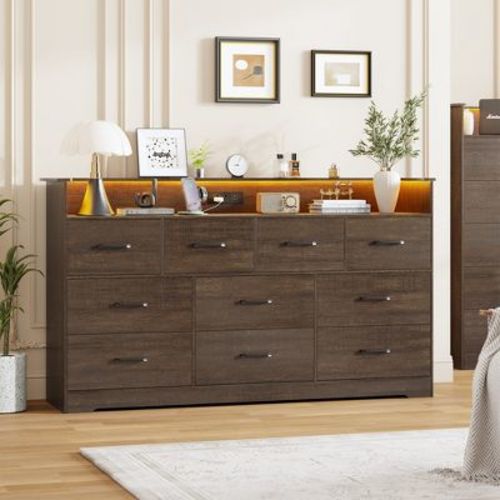 10 Drawer Dresser for Bedroom - 65'' Wide Chest of Drawers with Large Storage Space and Charging Station, Modern TV Stand Organizer Cabinet, Brown