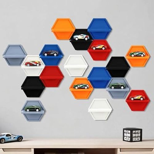 Thyle 18 Pcs Wood Toy Cars Wall Display Hexagon Floating Shelves Wall Mount