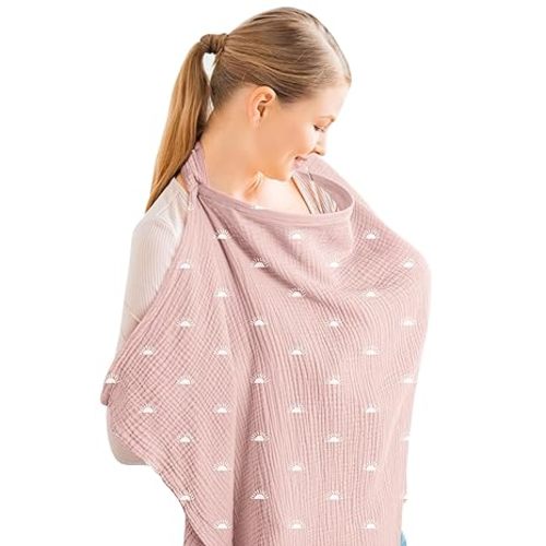 Konssy Muslin Nursing Cover for Baby Breastfeeding, Breathable 100% Cotton Breastfeeding Cover with Rigid Hoop for Mother Nursing Apron, Multi-use Carseat Canopy