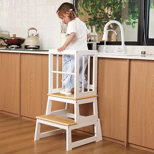 Kids Kitchen Step Stool, Ideal Toddler Learning Standing Tower, 2025 New Upgrade with an Anti-tip Structure and Anti-Drop Safety Bar, More Stable and Safer - White Natural