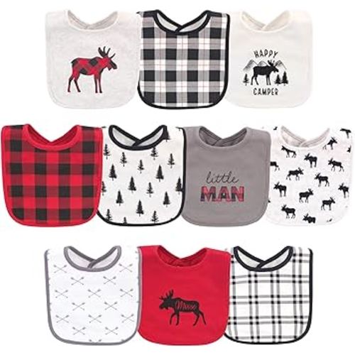 Hudson Baby Unisex Baby Cotton Bibs, Buffalo Plaid Moose, One Size