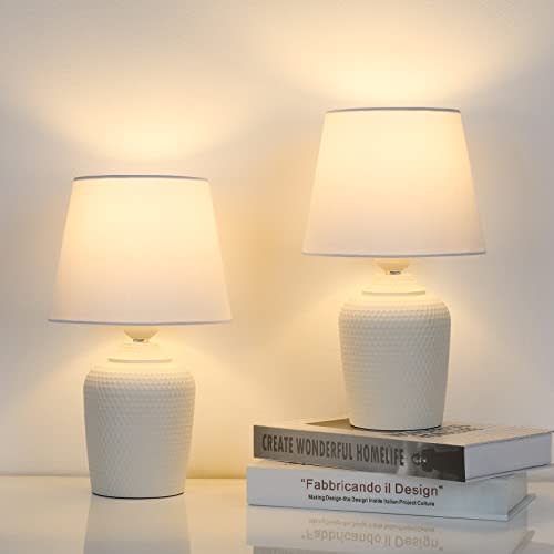 Sucolite Small 12'' Table Lamps Set of 2, Bedside Nightstand Lamps for Bedroom Kid’s Room, Cute Desk Lamps with Studded Texture Base for Reading Nursery Living Room Office, White
