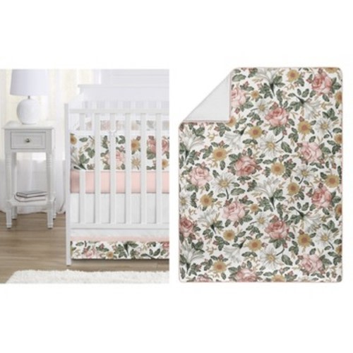 Sweet Jojo Designs Crib Bedding + BreathableBaby Breathable Mesh Liner Baby Nursery Girl Vintage Floral Pink Green and Yellow