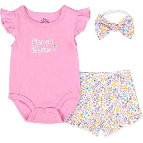 Baby Infant Girl 3 Piece Outfit Short Set with Ruffle Sleeve Bodysuit, Shorts & Headband – Spring & Summer Gift Collection
