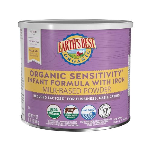 Earth's Best Organic Sensitivity Infant Formula for Babies 0-12 Months, Reduced Lactose Powder Formula with Iron, Omega-3 DHA, and Omega-6 ARA, 21 Ounce Container