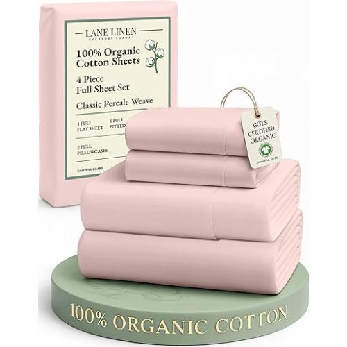 LANE LINEN 100% Organic Cotton Sheets Full Size Bed, Machine Washable Fully Elasticized Low Pill Fade Resistant Cotton Sheets, Soft & Comfy Percale Eco Friendly sábanas Full -Sepia Rose