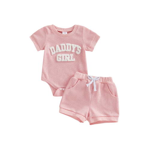 BemeyourBBs Newborn Baby Girls Daddy's Girl Outfits Summer Clothes Waffle Knit Letter Embroidery Short Sleeve Romper and Elastic Waist Shorts Set