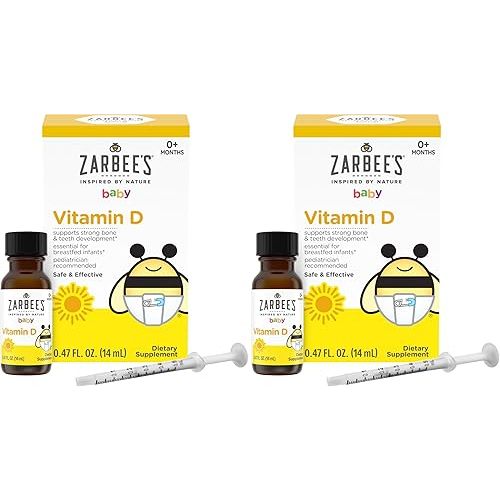 Zarbee's Vitamin D Drops for Infants,400IU (10mcg) Baby & Toddler Liquid Supplement,Newborn & Up,Dropper Syringe Included,0.47 Fl Oz,(Pack of 2)
