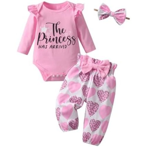 Morerich 3PCS Infant Baby Girl Clothes Outfit Set Toddler Ruffled Letter Print Romper Top Love Hearts Pants Headband