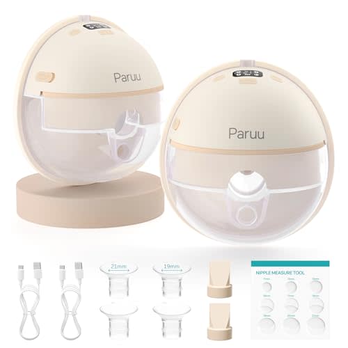 Paruu Hands Free Breast Pump P16, Wearable Breast Pump Electirc Portable with 4 Modes & 12 Levels, Max 309mmHg Strong Suction 19/21/24mm Flange Inserts Wearable Breastfeeding Pump, 2 Pack（Nude