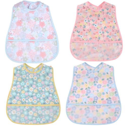 Threemushroom Waterproof Adjustable Baby Bib with Crumb Catcher Pocket, 4 Pieces