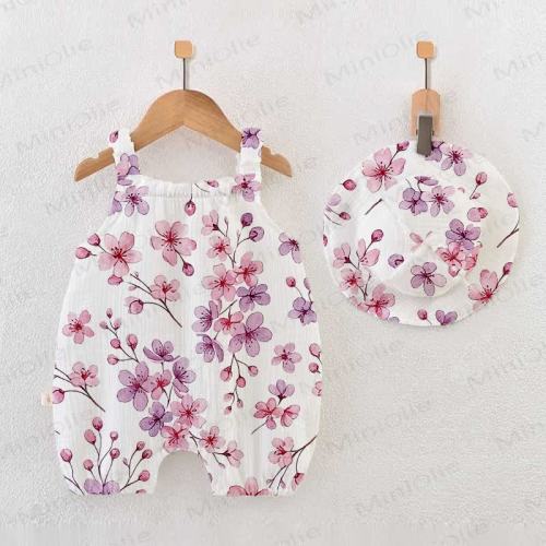 Baby Cherry Blossom Print White Romper With Hat