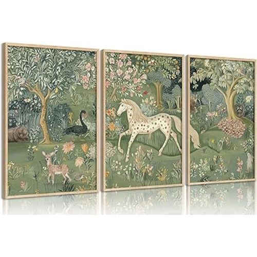 Vintage Woodland Animal Nursery Wall Art Magic Horse Bear Deer Poster Green Fantasy Forest Botanical Pictures Decor Fairy Tale Nature Painting Canvas Print Artwork for Kids Room Living Room, Unframed