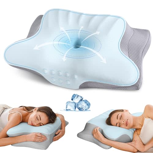 Ylekto Cervical Neck Pillow for Pain Relief - Ergonomic Memory Foam Pillows for Sleeping, Cooling Side Sleeper Pillow for Neck Support, Contour Orthopedic Bed Pillow for Sleepers(Blue & Grey)