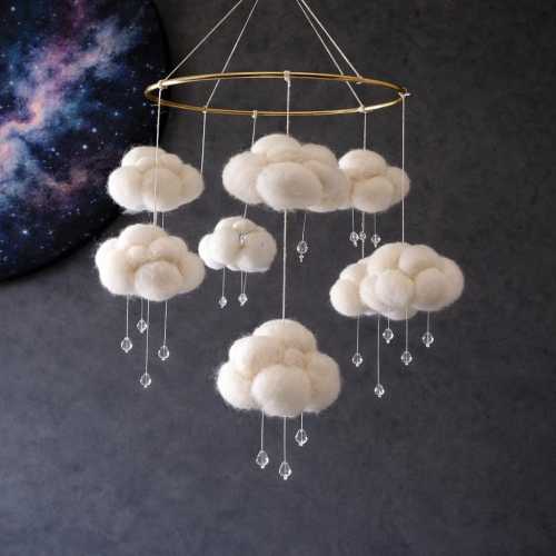 Rain cloud mobile nursery Space mobile crib Sky baby mobile hanging White neutral girl boy mobile Felt cloud theme decor