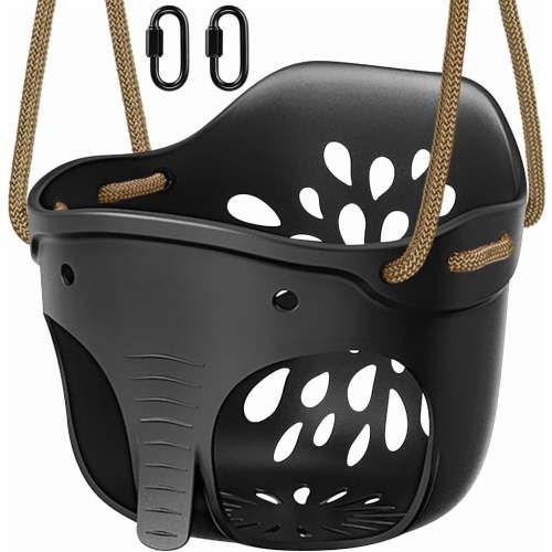 Runstore High Back Full Bucket Toddler Swing, 600LB Bucket Swing with Locking Carabiners and Adjustable Rope, Cute Elephant Shape Design (Black)