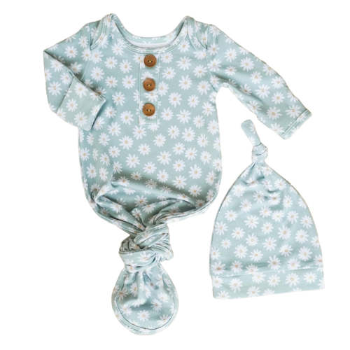 Soft Green Daisy Newborn Baby Knot Gown & Hat
