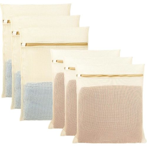 6Pcs Organic Cotton Mesh Laundry Bags for Delicates, Durable Mesh Wash Bags, Sturdy Zipper Laundry Bag for Underwear, Clothes, Shoes, Socks, (3 Large, 3 Medium)